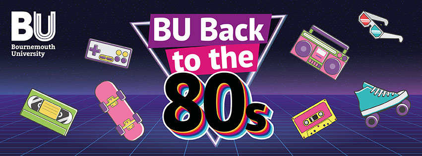 Back to the 80s banner image featuring various 80s memorabilia icons