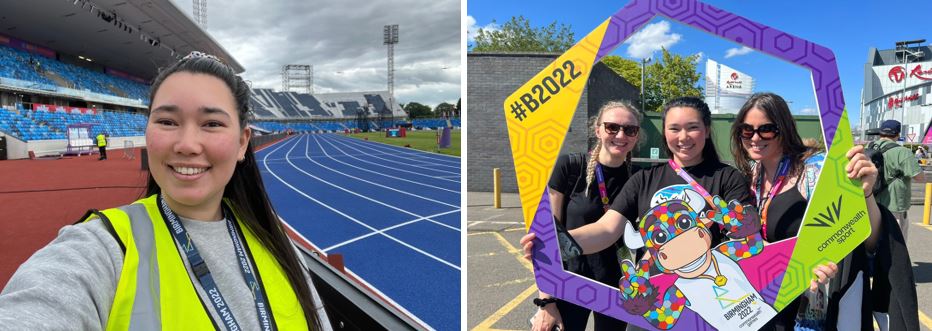 Two images of BU graduate Becca Yih at the Birmingham 2022 commonwealth games